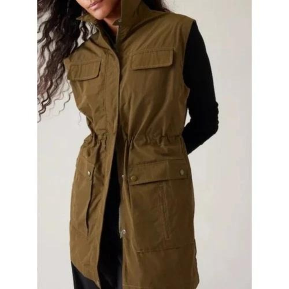 Athleta Boundless Womens Olive Green Utility Cargo Vest Longline Cinch Waist M